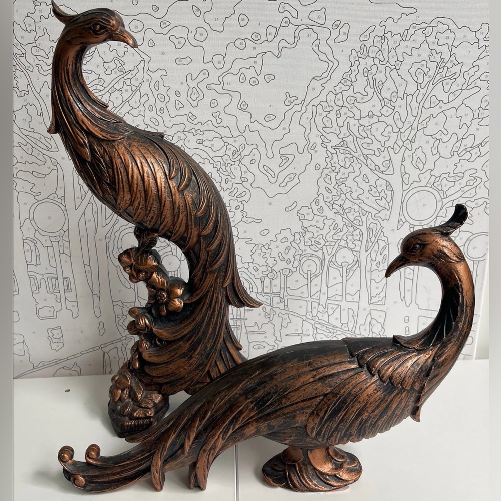 Elegant Copper-Tone Peacock Sculptures - Pair